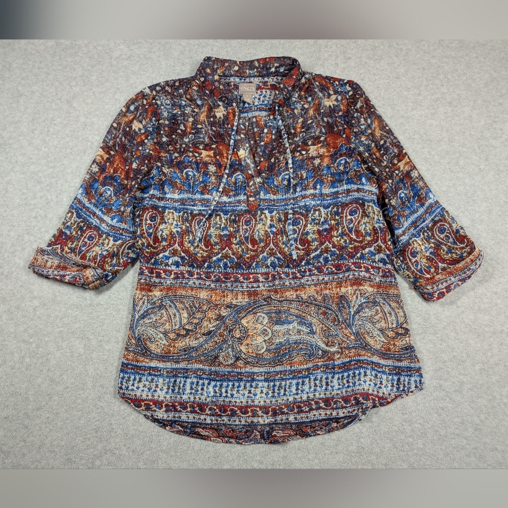 Chicos Women Top Small Paisley Print‎ Neck Tie Lightweight Popover